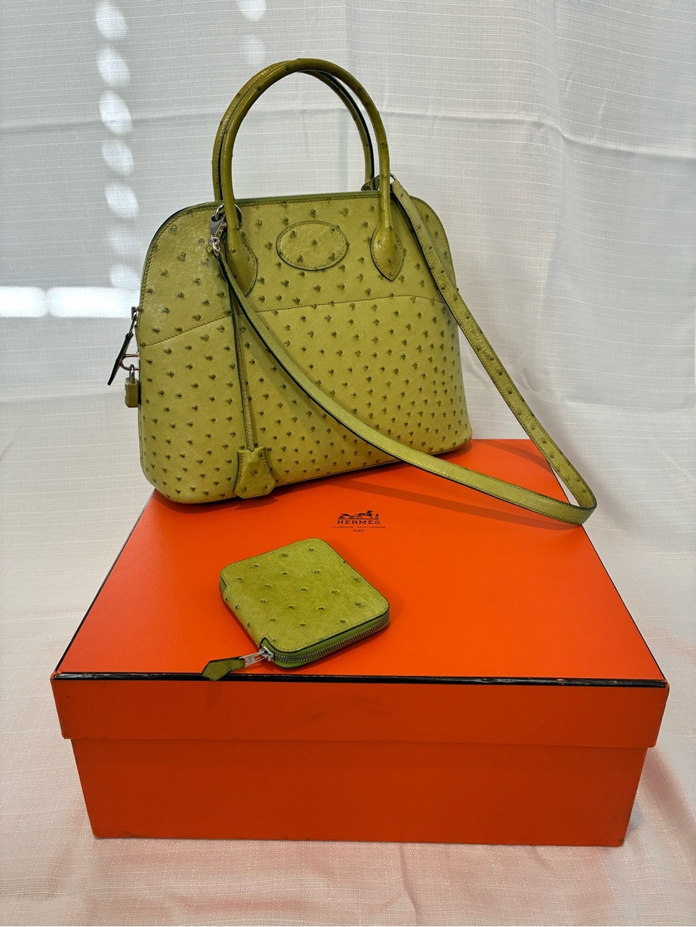 Hermes Bolide 35 Ostrich Vert Anis Detachable Strap Card Case Silver Hardware